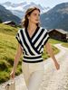 Loose V Neck Knit Blouse, Skin-friendly Stripe Short Sleeve_ecoleips.com