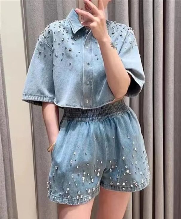 Women's Retro Rhinestone Detail Casual Shirt And Denim Shorts Set Heavy Duty Loose Fit American Style Fashion_ecoleips.com