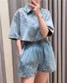 Women's Retro Rhinestone Detail Casual Shirt And Denim Shorts Set Heavy Duty Loose Fit American Style Fashion_ecoleips.com