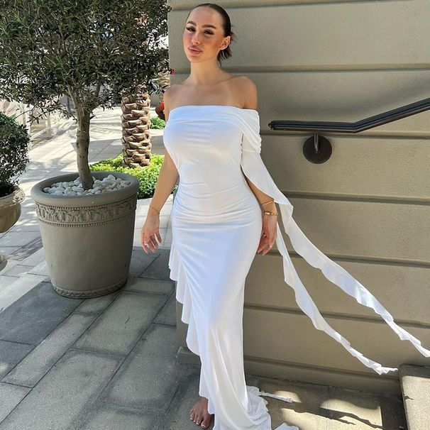 European And American Style Women's One Shoulder Pleated Slim Dress Solid Color Summer Fashion Personality Wholesale_ecoleips.com
