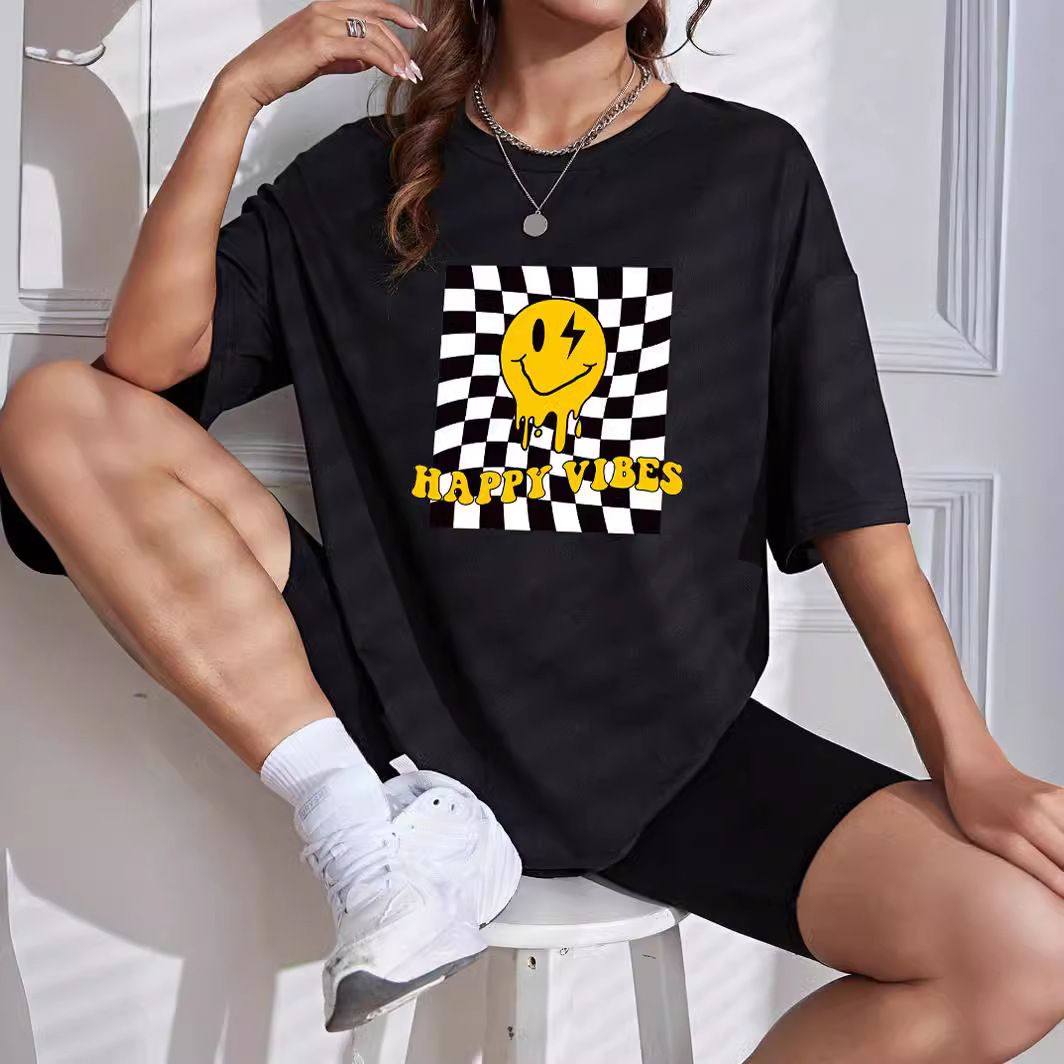 Women's Casual Loose T-Shirt round Neck Short Sleeve Smiley Face Black White Checkered Print Simple Sports Top European American Style_ecoleips.com