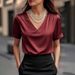 Women’s Satin V-Neck T-Shirt – Elegant Short Sleeve Blouse For Spring & Summer | Soft & Shiny (S-XXL, 7 Colors)_ecoleips.com
