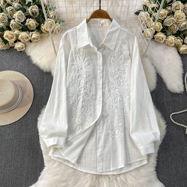 Women's Heavy Embroidery Long Sleeve Cardigan Coat French Casual Style Sun Protection Loose Mid-Length Shirt For Spring And Autumn_ecoleips.com