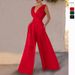 Women's Clothing Slim Fit One Piece High Waist Wide Leg Pants V Neck Polyester Fabric Long Straight Cut_ecoleips.com