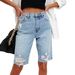 Women'sClothing High Elastic Small Feet Pants Mid Waist Quarter Pants Perforated Jeans_ecoleips.com