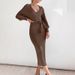 Women’s Elegant Knit Dress – Vintage-Inspired V-Neck Lantern Sleeve Midi Dress (High Waist, Belted Waist, Soft Rayon Blend)_ecoleips.com