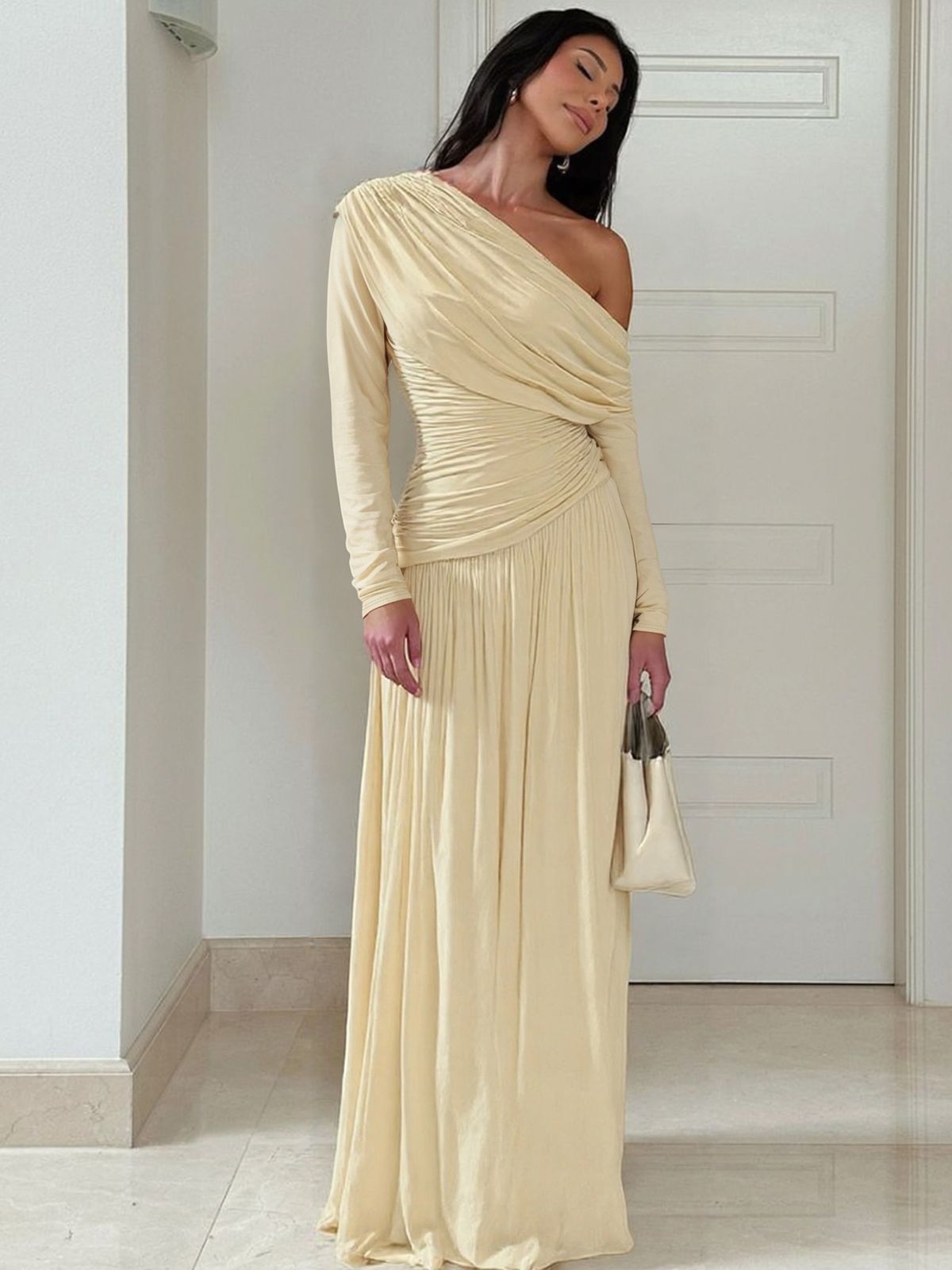 Hugcitar Fashion One Shoulder Solid Long Sleeve Ruched Sexy Bodycon Pleated Maxi Dress Autumn Women Clothes Party Festival_ecoleips.com