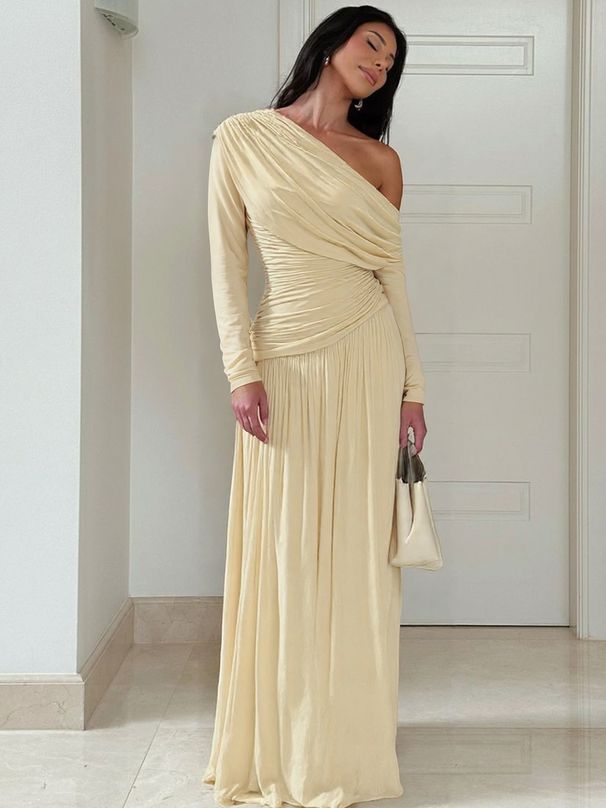 Hugcitar Fashion One Shoulder Solid Long Sleeve Ruched Sexy Bodycon Pleated Maxi Dress Autumn Women Clothes Party Festival_ecoleips.com