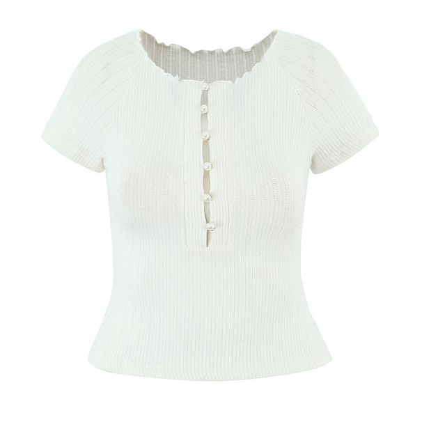 Ins Summer New Sweet Spice Girl Style Retro Pearl Henry Collar One-word Shoulder Versatile Slim-fit Top_ecoleips.com