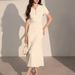 Elegant Women's Round Neck Short Sleeve Knit Dress Button Down Cutout Long Skirt Slim Fit For Beach Vacations_ecoleips.com