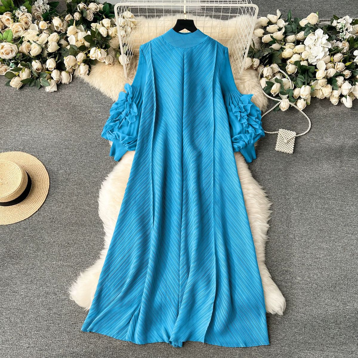Women's Clothing Solid Color Dress Light Mature Style Three Dimensional Flower Loose Slim Drape Style Long Skirt_ecoleips.com