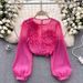 Women's Clothing Slim Fit Puff Sleeve Pullover Shirt French Style 3D Flowers Design Versatile Spring Top For Women_ecoleips.com