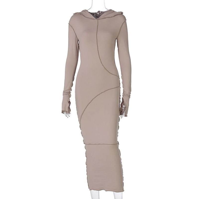 European And American Cross-Border Summer New Solid Color Reversing Edge Hooded Sleeve Slim Street Style Long Bodycon_ecoleips.com
