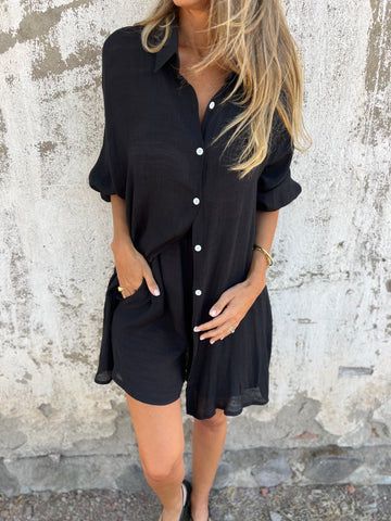 Women's Clothing Casual Solid Color Shorts Long Sleeved Wrinkled Shirt Two Piece Suit_ecoleips.com