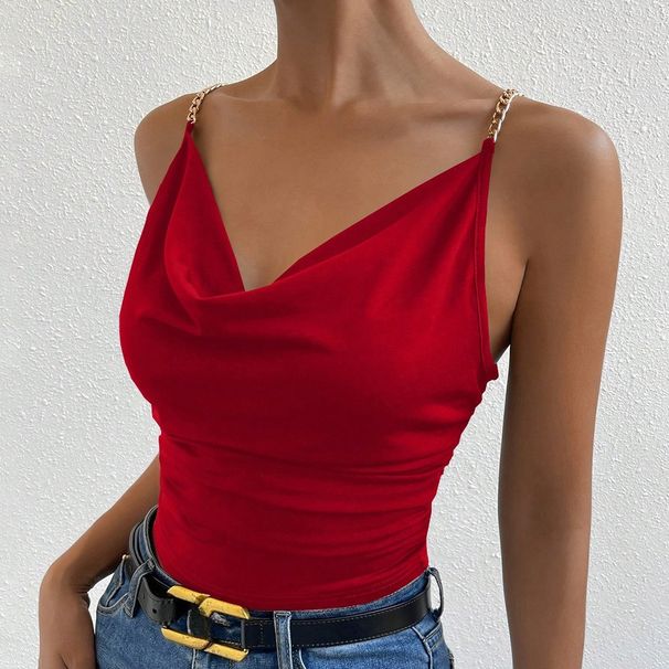 Spice Girl Wind Red Suspender Vest Women's Summer Slim Skinny Pleated Waist Short Off-Shoulder Top_ecoleips.com