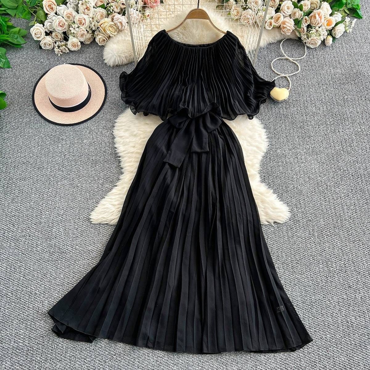 Women's Clothing Spring And Summer Temperament One Shoulder Short Sleeve Ruffle Pleated Elegant Waist Slimming Dress_ecoleips.com