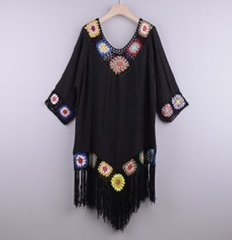 Women's Clothing Hand Hook Hollow Tassel Loose Bikini Blouse Holiday Style Beach Blouse_ecoleips.com