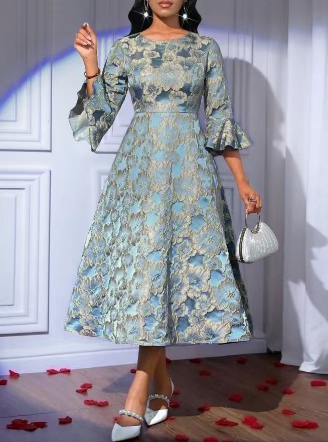 Plus Size Women's Floral Jacquard Round Neck Wide Sleeve Elegant Midi Dress_ecoleips.com