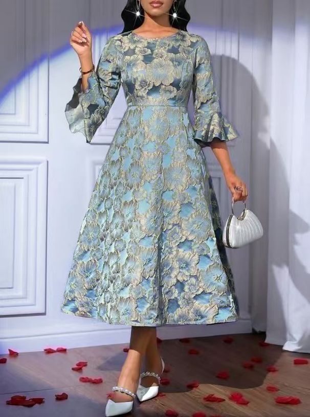 Plus Size Women's Floral Jacquard Round Neck Wide Sleeve Elegant Midi Dress_ecoleips.com