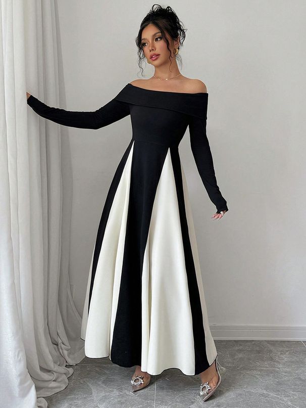 Women's Clothing New Fashion Trend U Neck Splicing Long Skirt Contrast Color Temperament Long Sleeve Dress_ecoleips.com