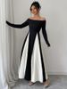 Women's Clothing New Fashion Trend U Neck Splicing Long Skirt Contrast Color Temperament Long Sleeve Dress_ecoleips.com