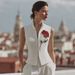 Elegant Sleeveless Rose Embroidery Zipper Vest Top For Women, Chic Stand Collar Fitted Cropped Jacket, Floral Decor Casual Wear_ecoleips.com