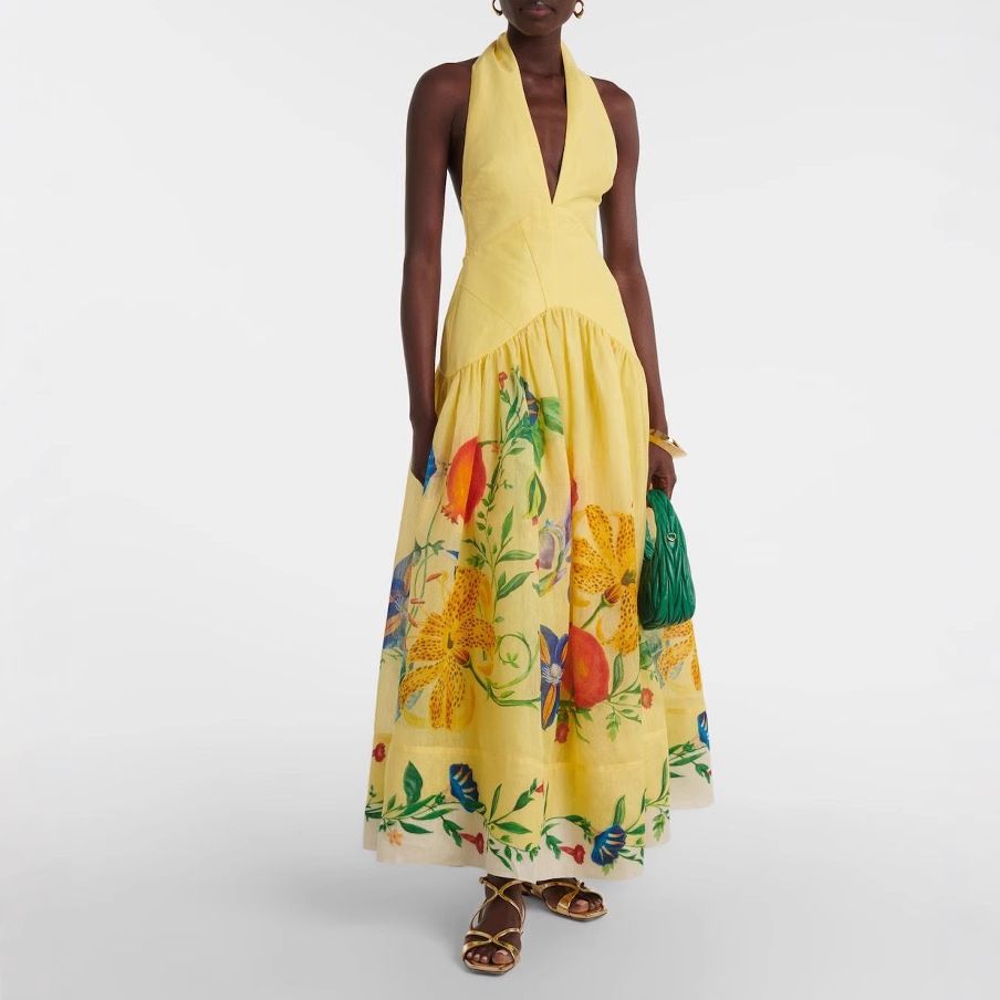 2025 Summer New European And American Printed Halter Neck Backless Swing Deep V Neck Linen Dress For Women_ecoleips.com