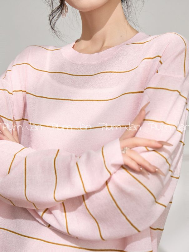 Plum Jan/Korean-style Spring-summer Casual Pink Round-neck Youthful Versatile Thin Knit Cardigan For Women_ecoleips.com