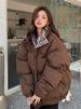 K New Checkerboard Patterned Cotton Jacket For Women, Loose Standing Collar, Short Cotton Jacket, Cotton Coat, Thick Bread Jacket_ecoleips.com