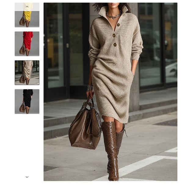 Oversized Button-Up Knit Dress – Fall Casual Tunic Sweater Dress With Straight Collar (Yellow/Khaki/Black/Red/Orange/Green/Brown, S-Xxxl)_ecoleips.com