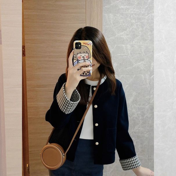2026 Autumn New High-End Elegant Vintage Plaid Patchwork Jacket Navy Corduroy Coat For Women Spring_ecoleips.com