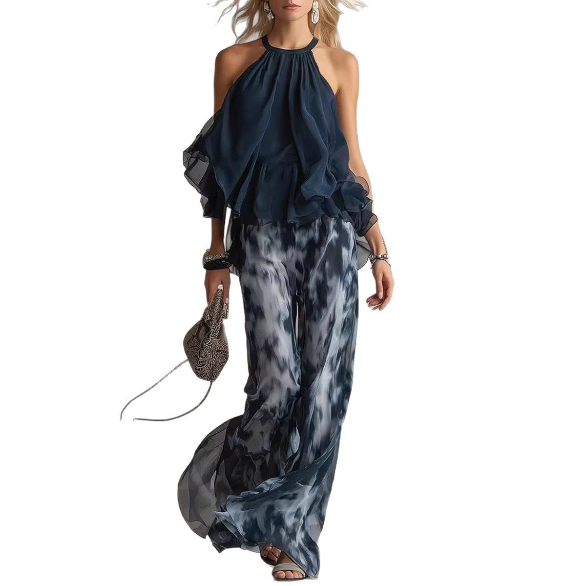 Women's Sleeveless Halter Neck Top With Printed Wide Leg Pants Set Summer Bohemian Outfit_ecoleips.com