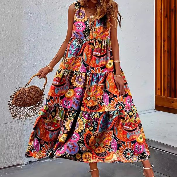 European And American Cro-border Foreign Trade Women's Long Loose Casual Floral V-neck Sleevele Large Hem_ecoleips.com