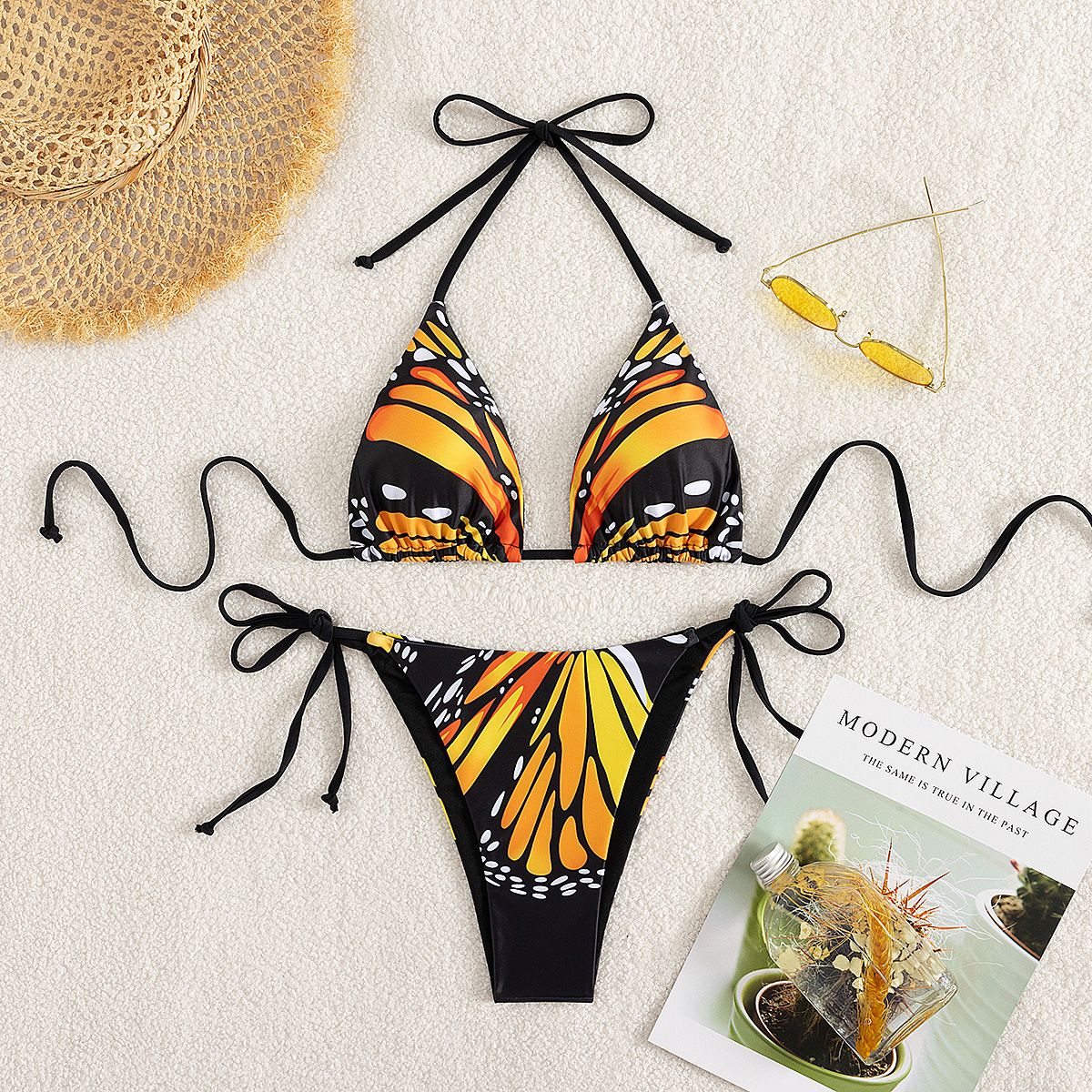 2025 European And American Fashion Sexy Two Piece Holiday Butterfly Print Tie Bikini_ecoleips.com