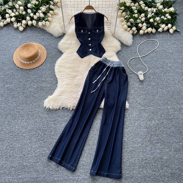 Women's Clothing V Neck Sleeveless Single Breasted Top Two Piece Suit Casual Wide Leg Trousers_ecoleips.com