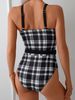Women's Plaid One Piece Swimsuit V Neck Summer Fashion Slim Fit Polyester Swimwear For All Seasons_ecoleips.com