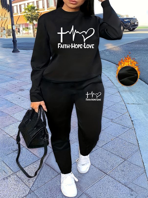 Women's Autumn And Winter Hip-hop Casual Street FAITH HOPE LOVE Letter Pattern Printed Round Neck Sports Shirt+sports Pants Set-516_ecoleips.com
