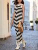 Black White Striped Tassel Dress For Women Sleeveless Slim Fit Knit Long Dress Color Block Elegant Summer Dress_ecoleips.com