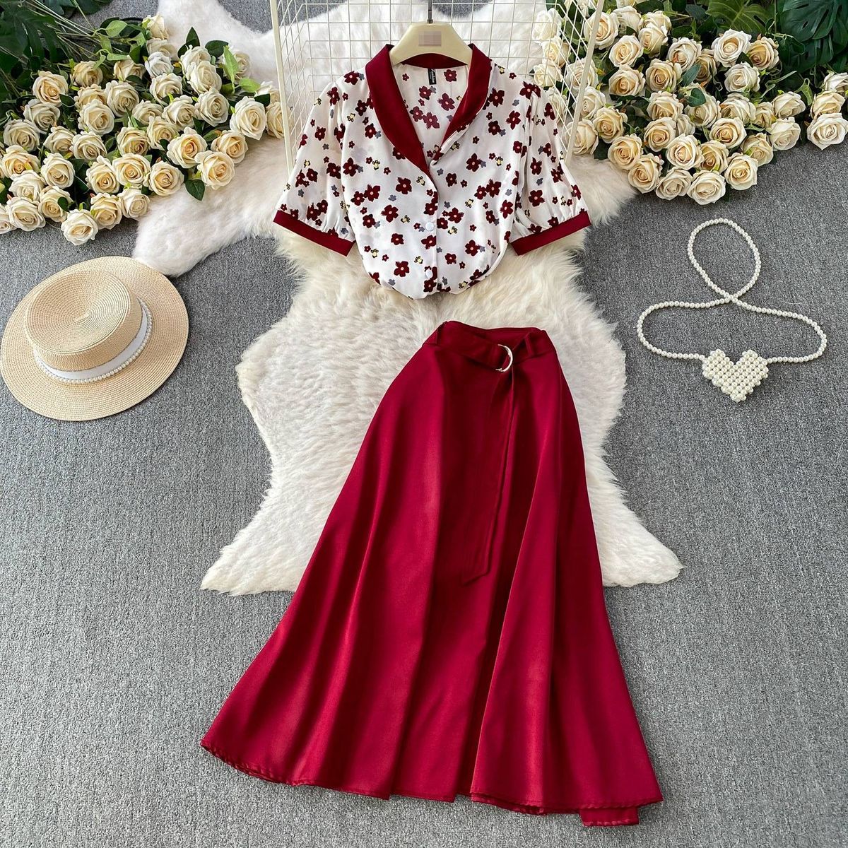 French-Inspired Floral Print Blazer And Midi Dress 2-Piece Set, Elegant Ruffle Sleeve Loose Fit Outfit For Women, Chic Office To Dinner Ensemble_ecoleips.com