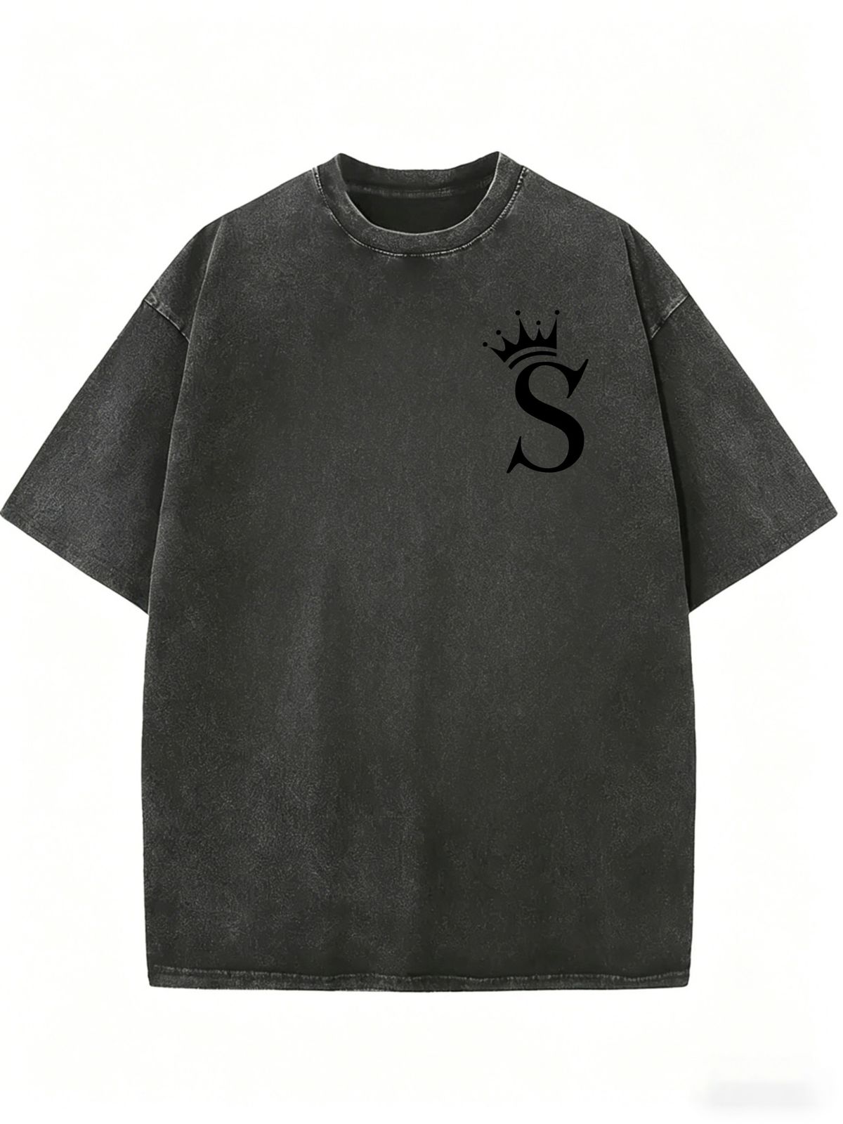 Vintage Acid Washed Black Oversized T Shirt Women Minimal Crown S Letter Small Chest Print Loose Short Sleeve Casual Basic Streetwear Top_ecoleips.com
