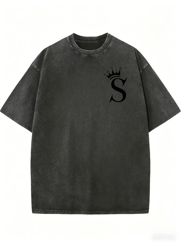 Vintage Acid Washed Black Oversized T Shirt Women Minimal Crown S Letter Small Chest Print Loose Short Sleeve Casual Basic Streetwear Top_ecoleips.com