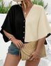 Curvy Women Solid Textured Jacquard V Neck Raglan Sleeve Button Down Blouse, 2025 Spring Summer Beach Vacation Shirt_ecoleips.com
