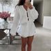 Women's Clothing Solid Color Lace Cardigan Round Neck Lantern Sleeve Top High Waist Dress_ecoleips.com
