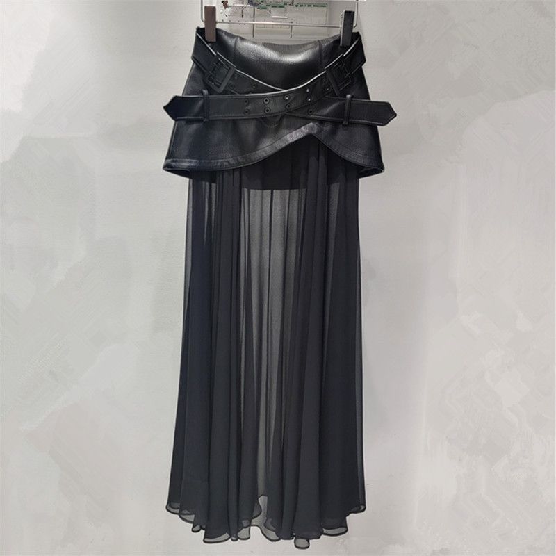 Mesh Patchwork PU Leather Black Midi For Women, Stylish Pleated A-line Skirt, Super Pretty Half Skirt_ecoleips.com