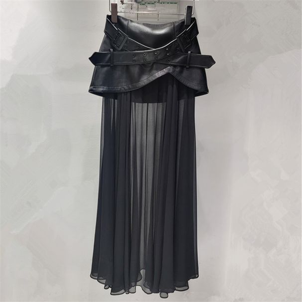 Mesh Patchwork PU Leather Black Midi For Women, Stylish Pleated A-line Skirt, Super Pretty Half Skirt_ecoleips.com