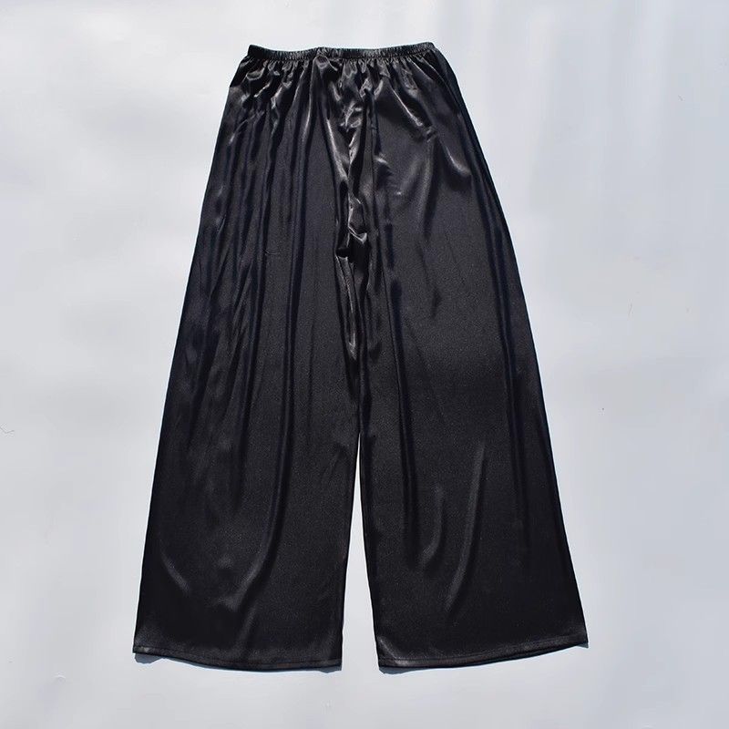 Fashion Middle Waist Wide Leg Sleep Silk Pants Women Spring Fall Baggy Black Trouser Satin Ladies Home Female Pajamas Sleepwear_ecoleips.com