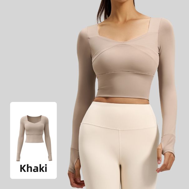 Patchwork Women's Long Sleeve Yoga Top With Bra Pads Breathable Slimming Fitness Sports Wear For Running_ecoleips.com