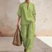 Women's Solid Color Linen Two Piece Set Casual Comfortable Minimalist Spring/Summer mid Waist Full Length Pants European American Style_ecoleips.com