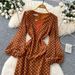 Retro Polka Dot V Neck Puff Sleeve Dress Slimming Elegant mid Length Summer Style Women's Commuting Dress_ecoleips.com