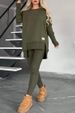 Women's Split Hem Long Sleeve Round Neck Casual Solid Color Top Set - Comfortable Daily Wear For Autumn & Winter_ecoleips.com